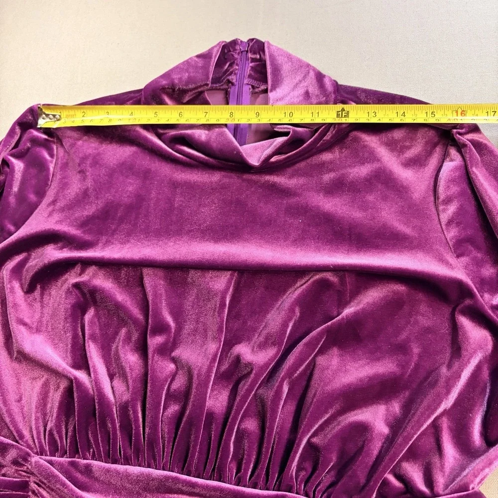 London Times Woman 14W Purple Velvet Mock Neck Ruched Tulip Dress NWT T6429W